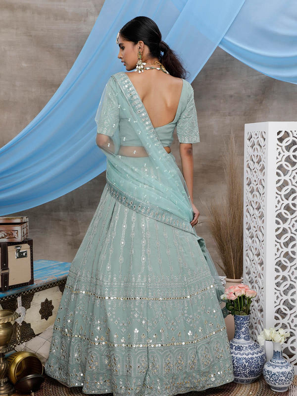 Women's Dusty Green Georgette Lehenga Set - Odette