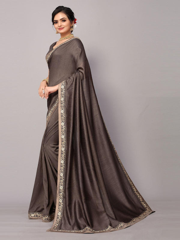 Women's Dusty Grey Poly Silk Embroidery Border Work Saree With Blouse - Odette