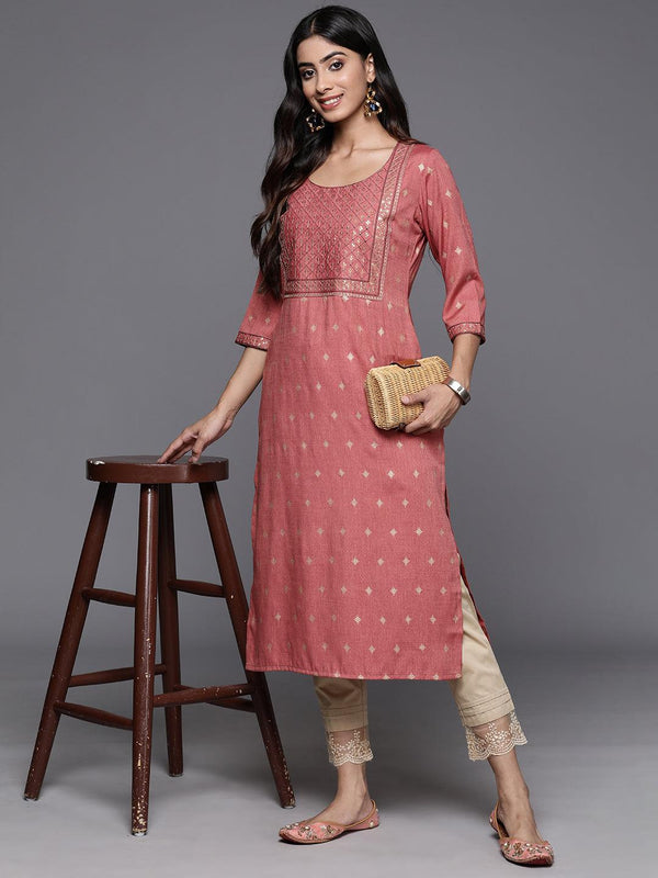 Dusty Pink Printed Rayon Straight Kurta - Jashvi