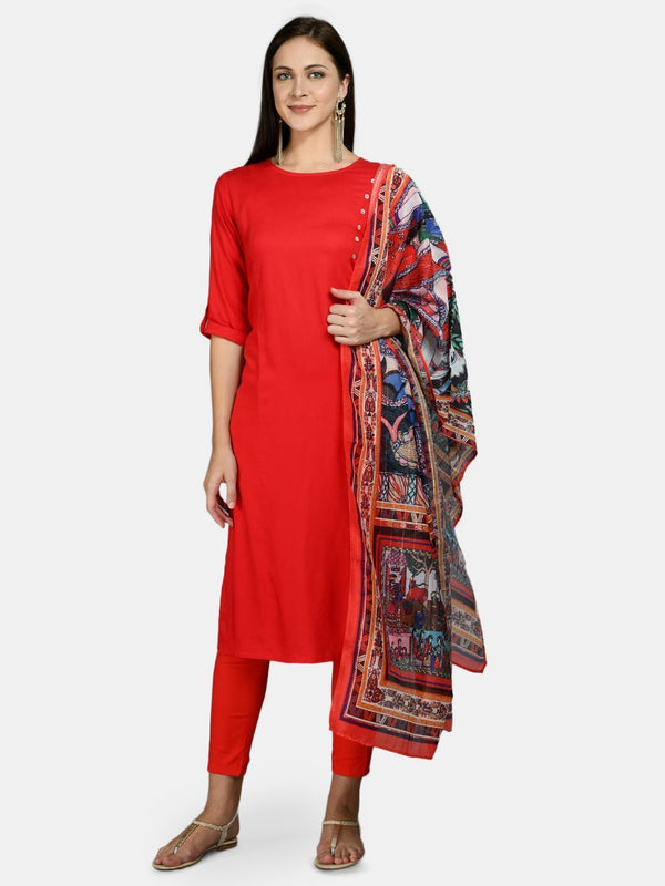 Women's Red Cotton Solid 3/4 Sleeve Round Neck Casual Kurta Pant Dupatta Set - Myshka