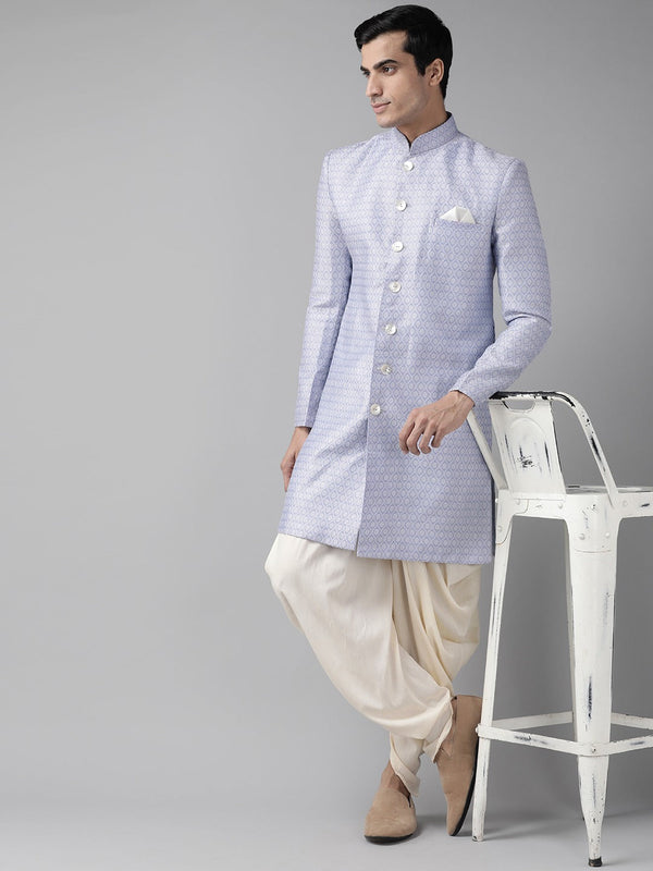 Jashvi Men's Lavender and Off-white Silk Blend Sherwani Set