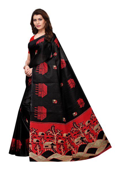 Women's Vamika Sea Green Kalamkari With Jhalar Khadi Silk Saree Farm House Black - Vamika