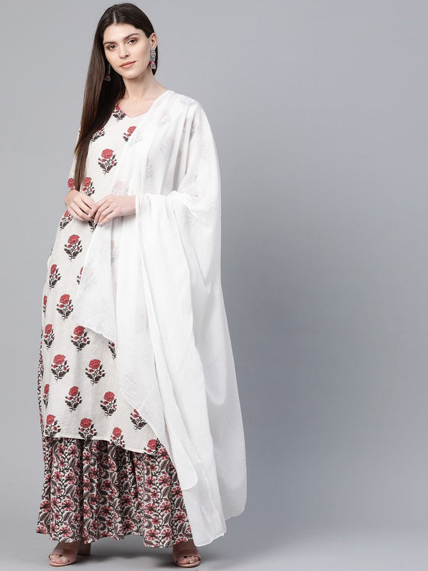 Women's  Off-White & Pink Printed Kurta with Skirt & Dupatta - AKS