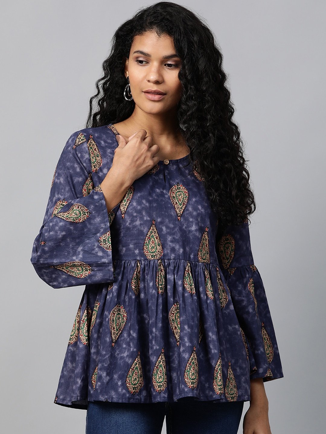 Women's Navy Blue & Beige A-Line Tunic - Yufta