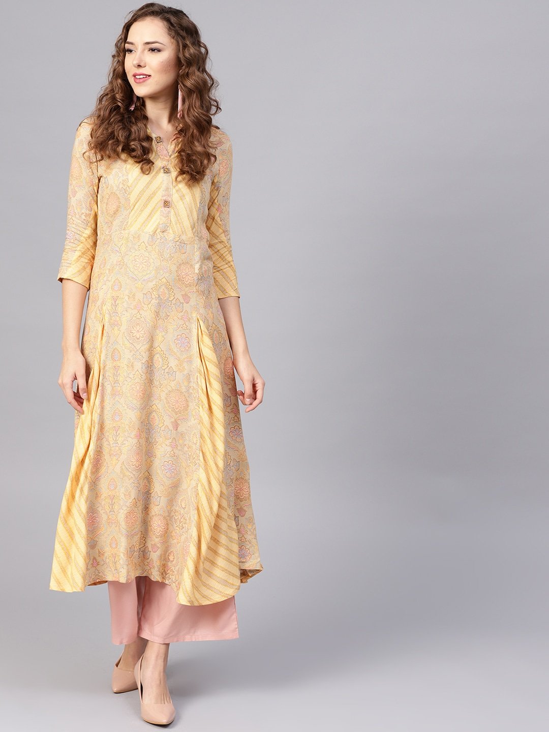 Women's Beige & Yellow A-Line Kurta - Yufta