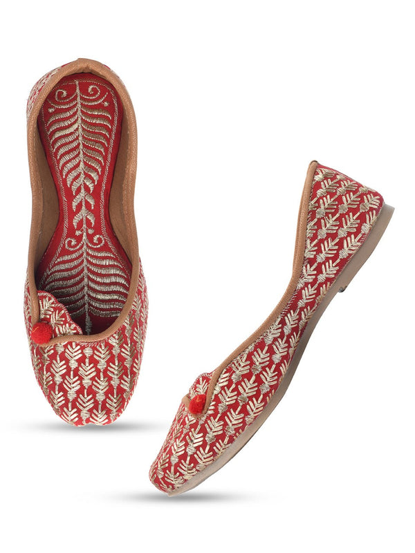 Women's Red Zari Work Womens Indian Ethnic Comfort Footwear - Desi Colour