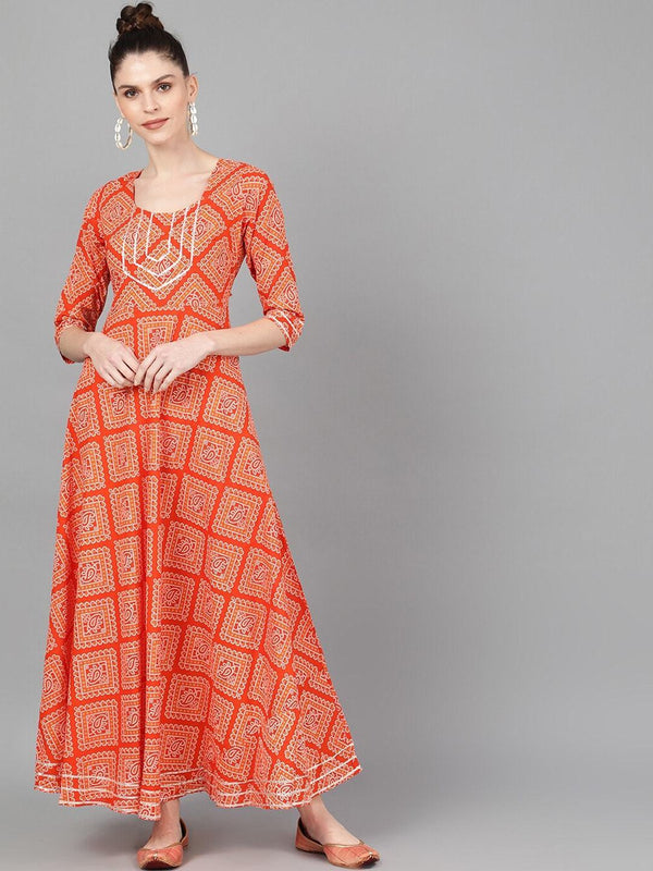 Women's  Orange  Bandhani Printed Maxi Dress - AKS