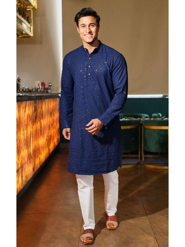 Men's Heavy Embroidery Sequins Blue Kurta - Hatheli