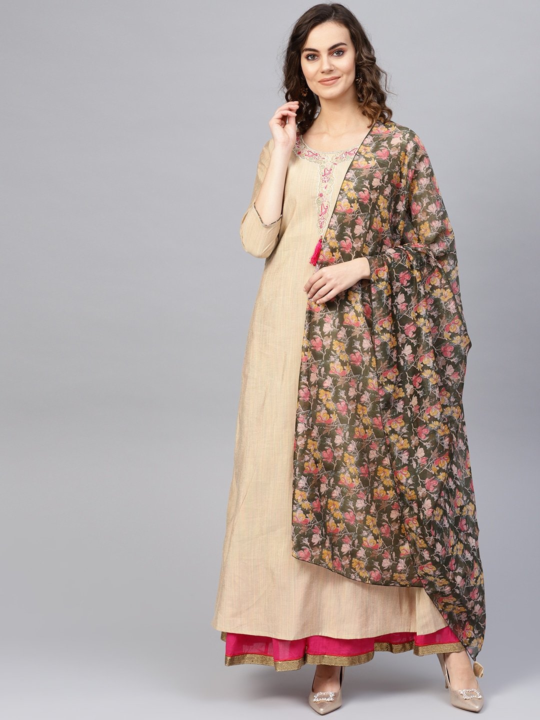 Women's Beige Kurta A-Line Set - Yufta