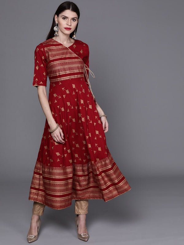 Women's  Maroon & Golden Screen Print Angrakha Anarkali Kurta - AKS