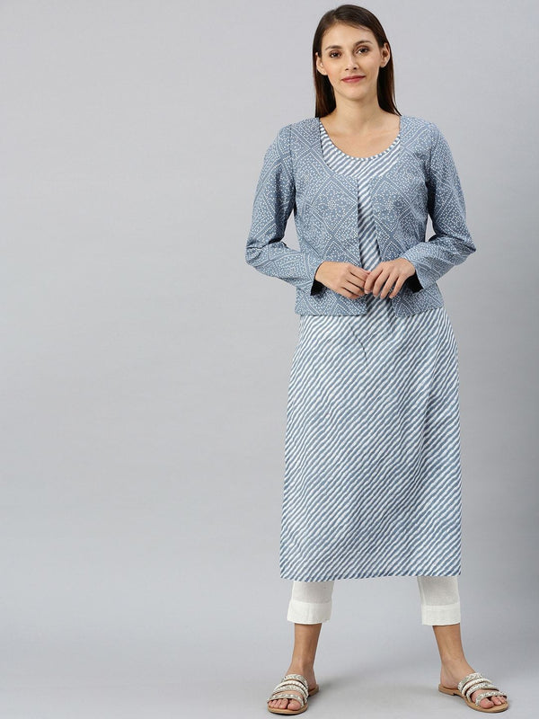 Women's  Blue Striped Straight Kurta & Jacket - AKS