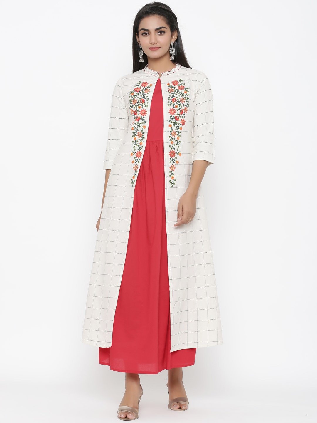 Women's White & Red Embroidered Kurta - Yufta