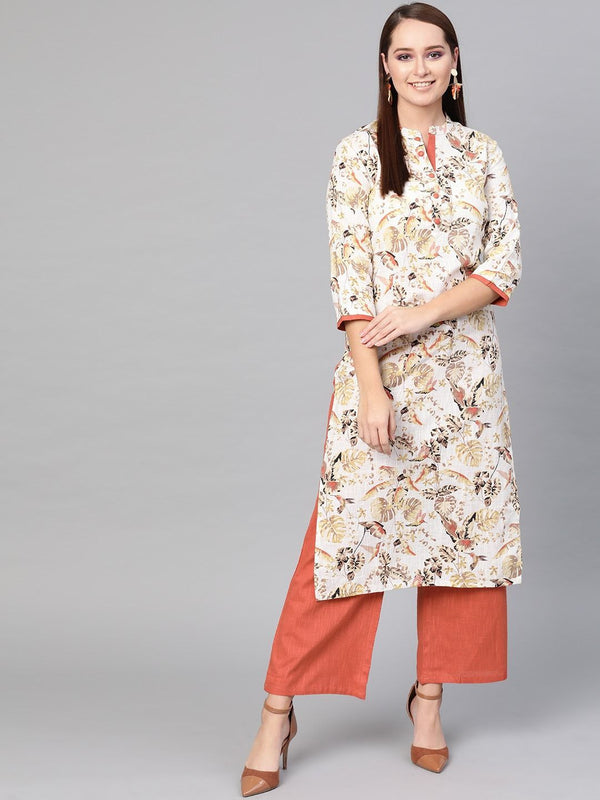 Women's  Off-White & Rust Orange Printed Kurta with Palazzos - AKS