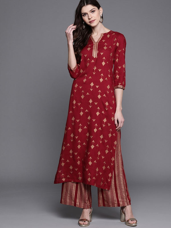 Women's  Maroon & Golden Printed Kurta with Palazzos - AKS