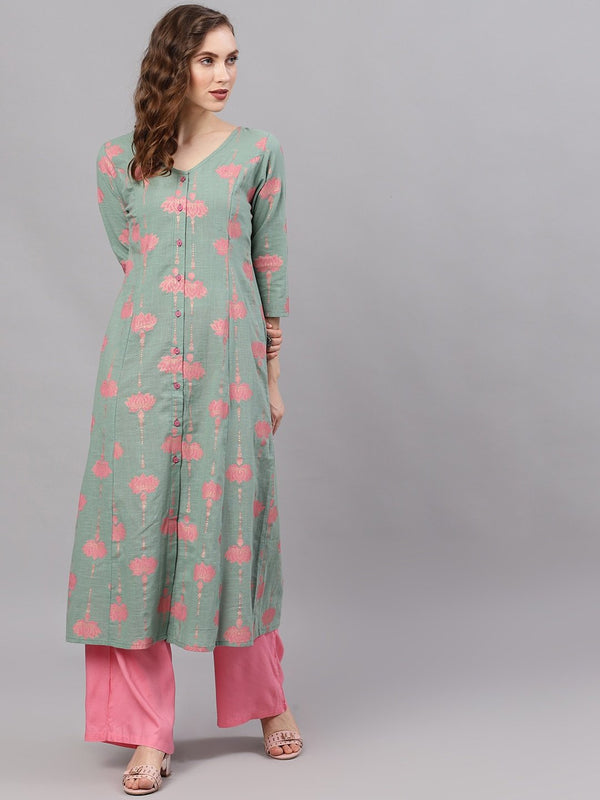 Women's  Green & Pink Printed A-Line Kurta - AKS