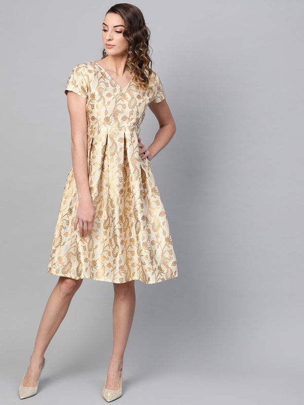 Women's  Beige & Golden Jacquard Self Design Fit and Flare Dress - AKS