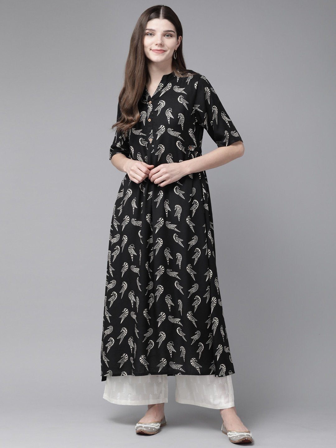 Women's Black & White A-Line Kurta - Yufta