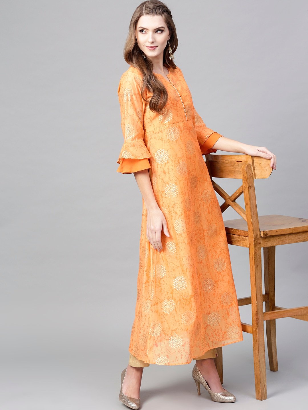 Women's Orange & Golden A-Line Kurta - Yufta