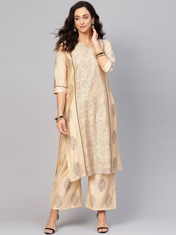 Women's  Beige & Black Block Print Kurta with Palazzos - AKS