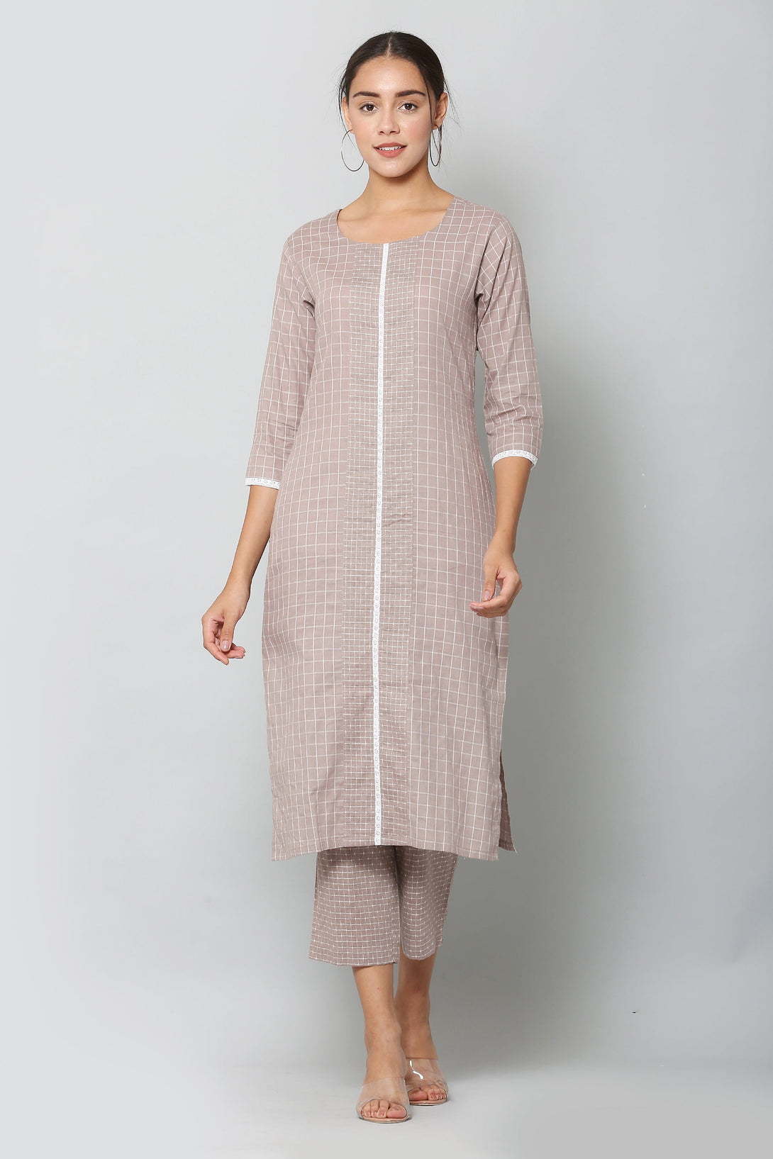 Women's Grey Color Cotton Blend Chex Stripe Straight Printed Kurta Palazzo Set - VAABA