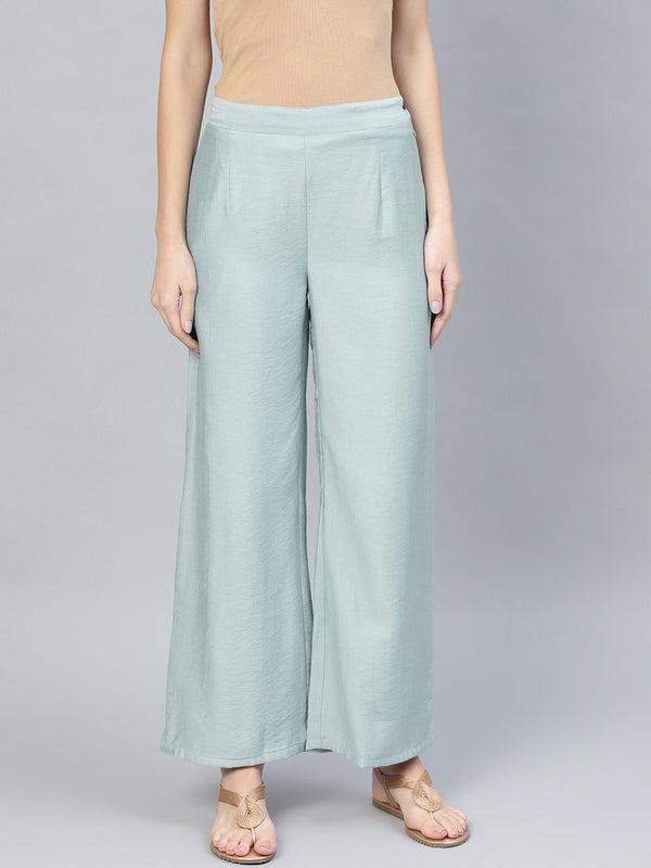 Women's  Blue Solid Straight Palazzos - AKS