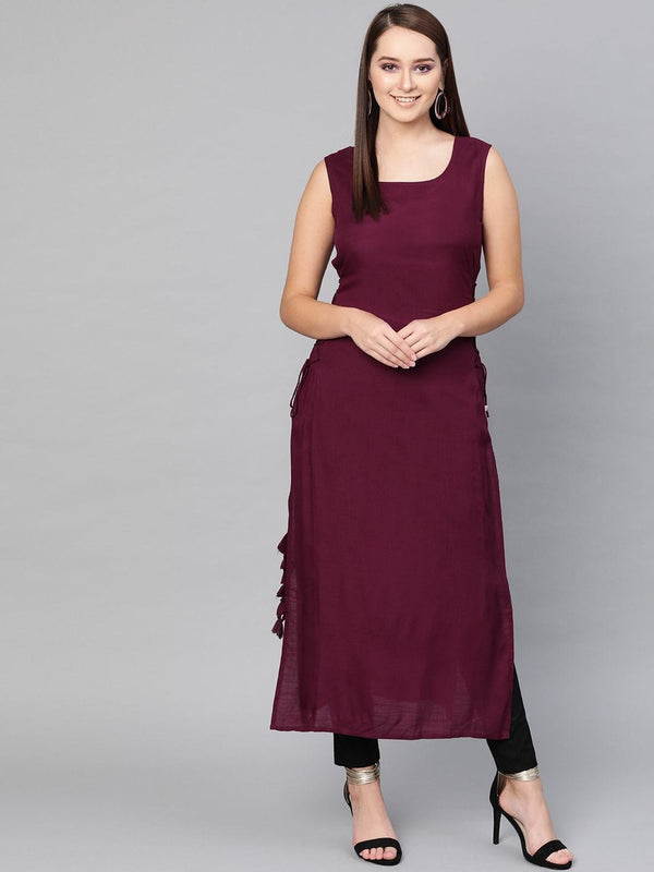 Women's  Burgundy Solid Straight Kurta - AKS