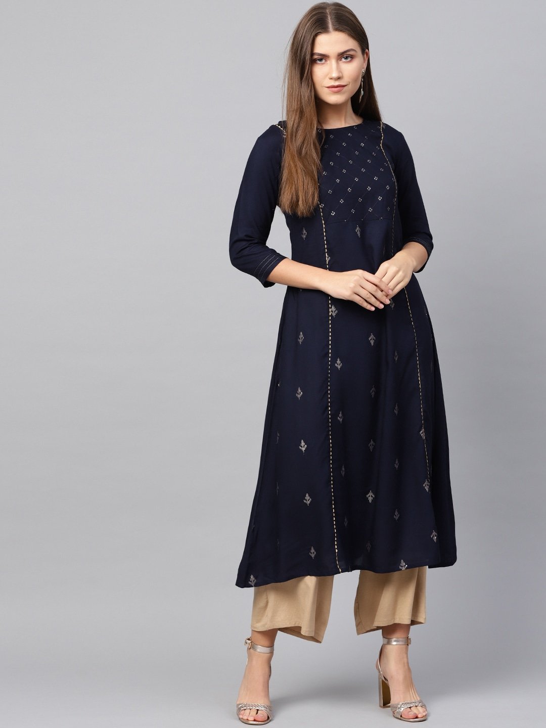 Women's Navy Blue A-Line Kurta - Yufta