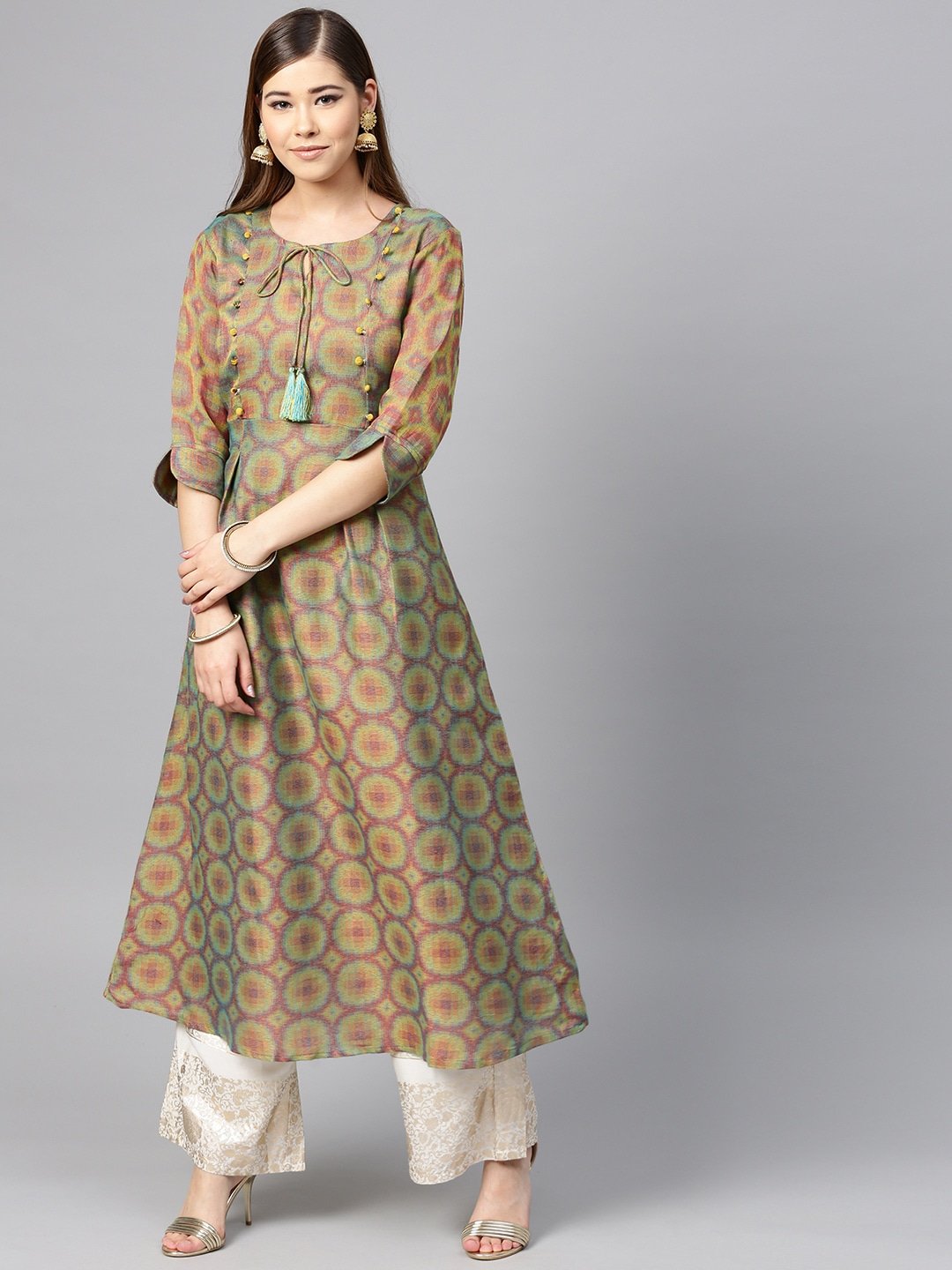 Women's Green & Pink A-Line Kurta - Yufta