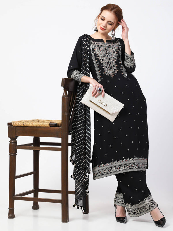 Women's Black Viscose Rayon Kurta Palazzo With Leheria Dupatta Set - Cheera