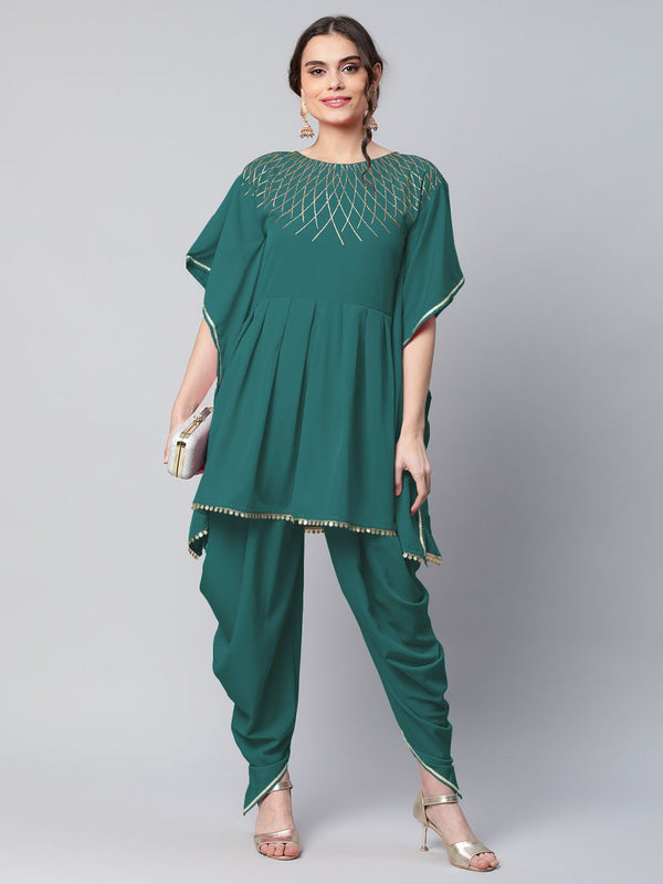 Dark Green Glitter Printed Kurta with Dhoti Pants