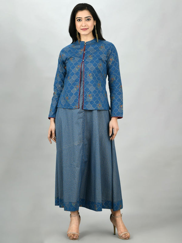 Women's Blue Cotton Printed Full Sleeve Mandarin Neck Casual Kurta Jacket Set - Myshka