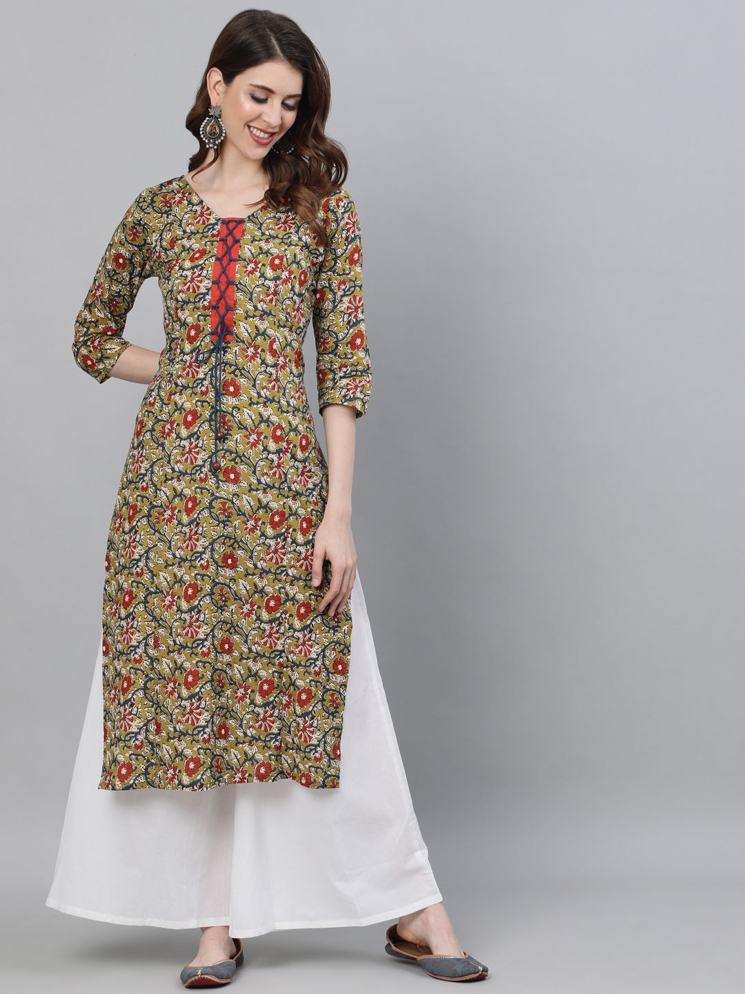 Women's Green & Red Kalamkari Printed Straight Kurta  - AKS