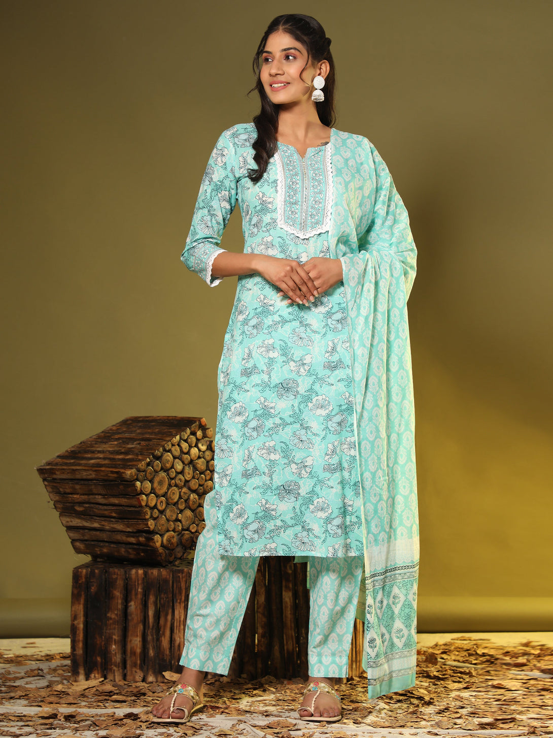 Women's Printed & Lace Work Straight Cotton Light Blue Stitched Kurta Pant With Dupatta - Vbuyz