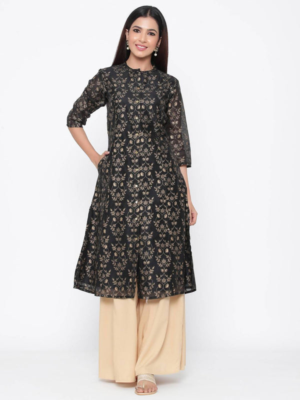 Buy_Women's_Black_Chanderi_Printed_A-Line_Kurta_Online_Indiakreations