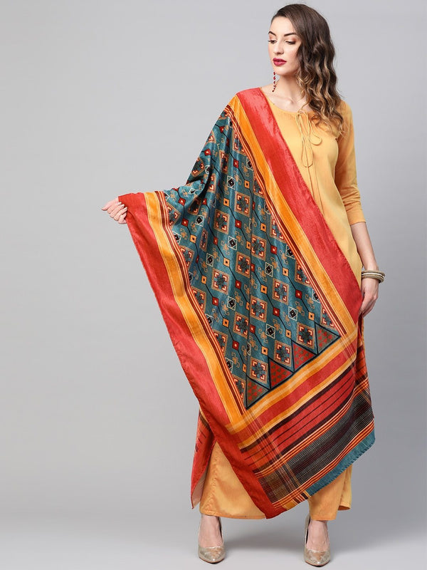 Women's Teal Printed Velvet Dupatta - Aks