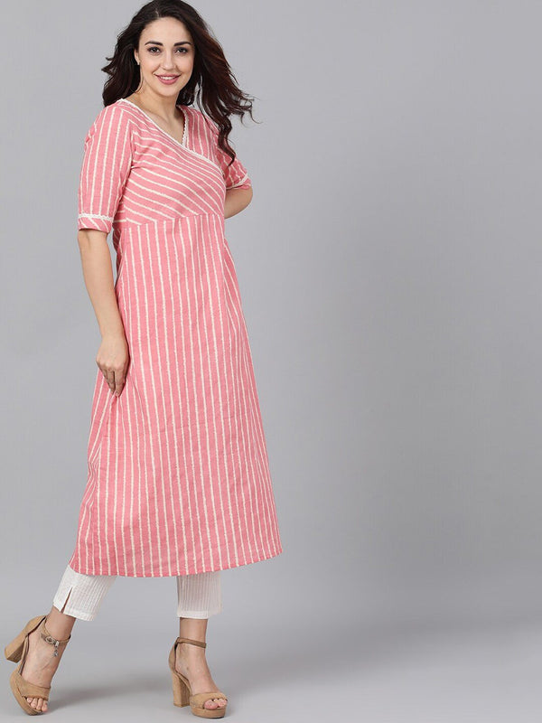 Women's  Peach-Coloured & White Striped A-Line Kurta - AKS