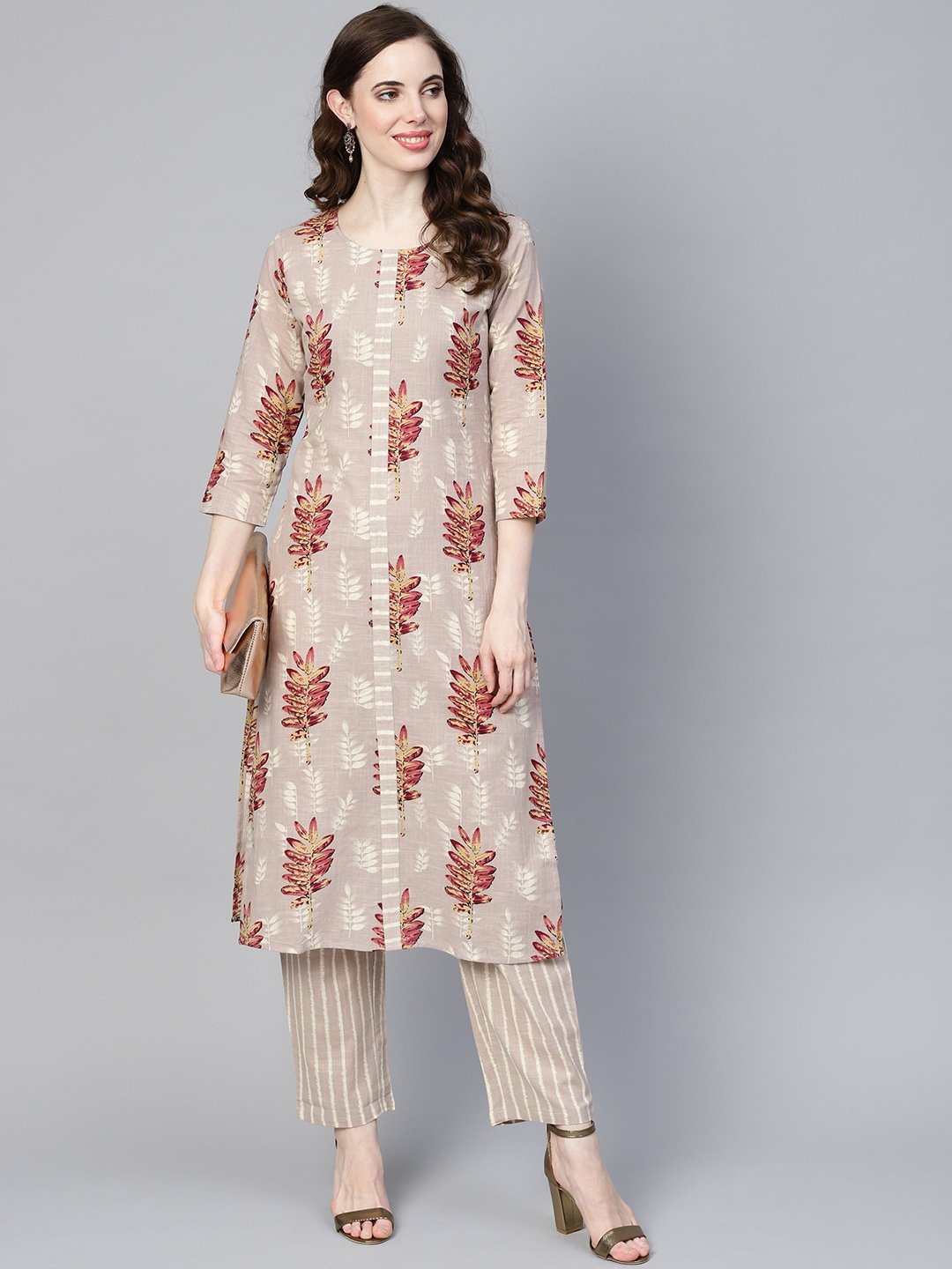 Women's Beige & Pink Printed Kurta Set - Yufta