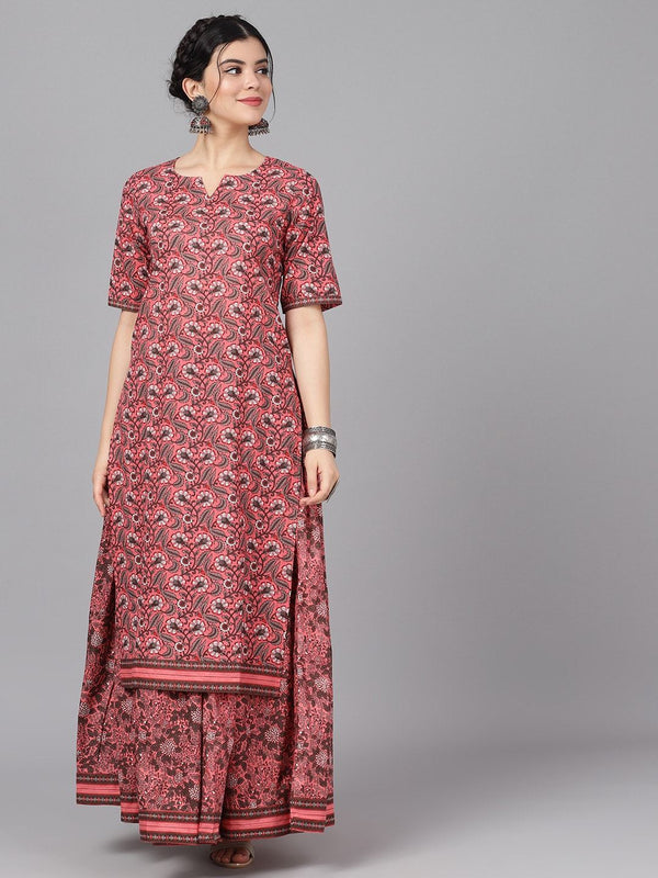 Women's  Mauve & Charcoal Grey Floral Print Kurta with Skirt - AKS