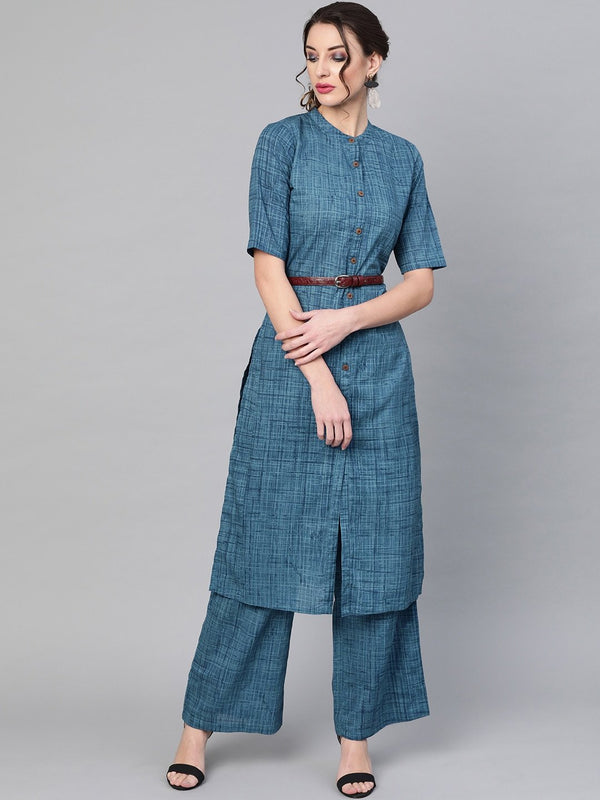 Women's  Navy Blue Self-Checked Kurta with Palazzos - AKS