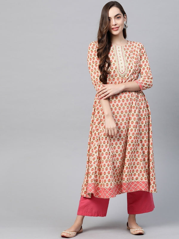 Women's Beige & Peach Printed Kurta - Yufta