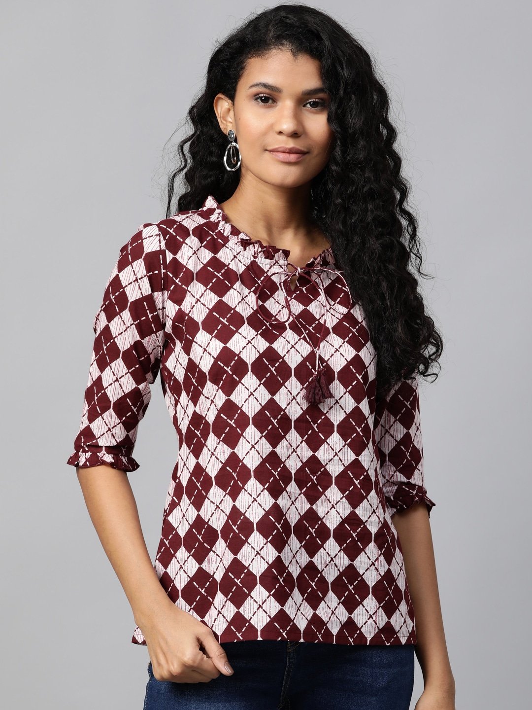 Women's White & Burgundy Printed Tunic - Yufta