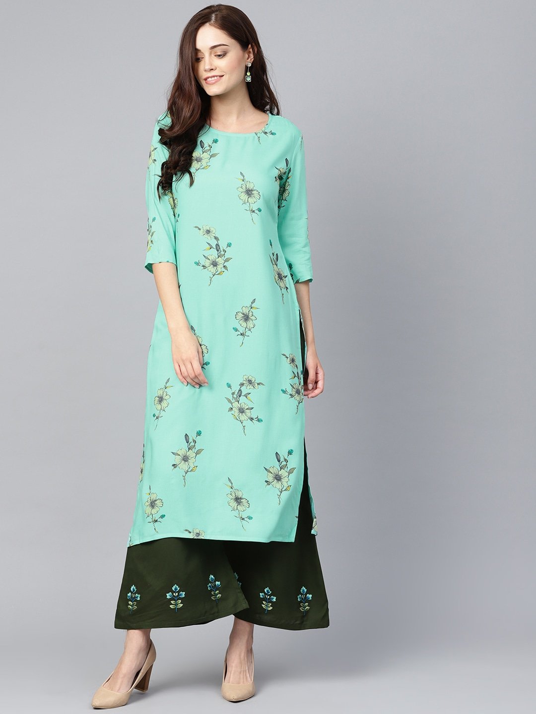 Women's Blue & Olive Green Printed Kurta Set - Yufta