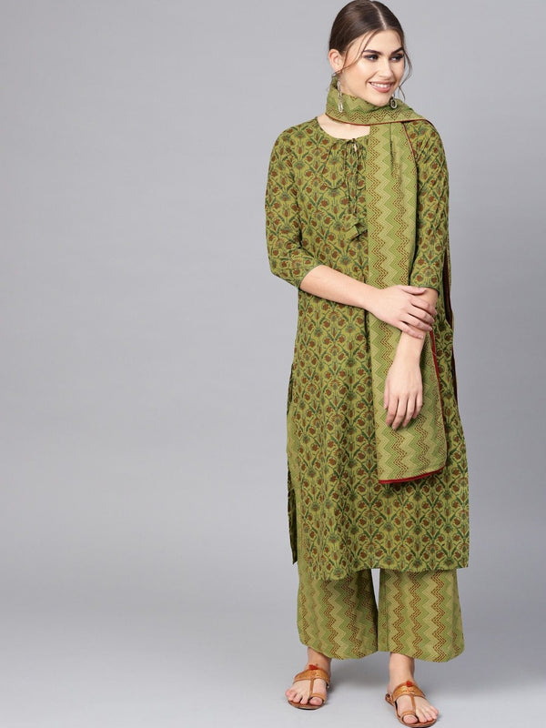 Women's  Green & Maroon Khari Print Kurta with Palazzos & Dupatta - AKS