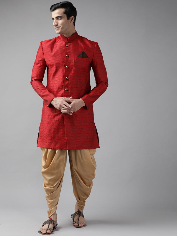 Jashvi Men's Maroon And Rose Gold Silk Blend Sherwani Set