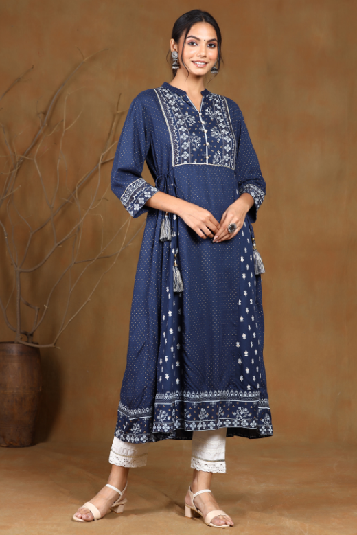 Women's Rayon Printed A-Line Kurta - Juniper