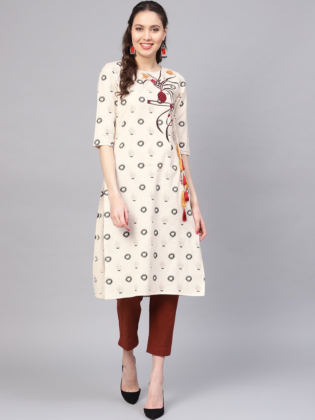 Women's Off-White & Grey Straight Kurta - Yufta