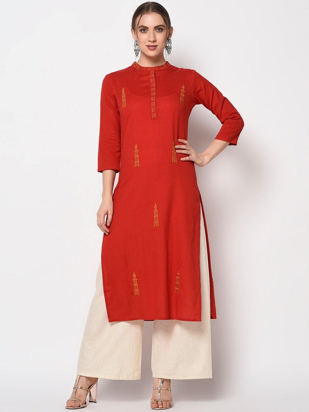 Women's Red Embroidered Kurta - Yufta