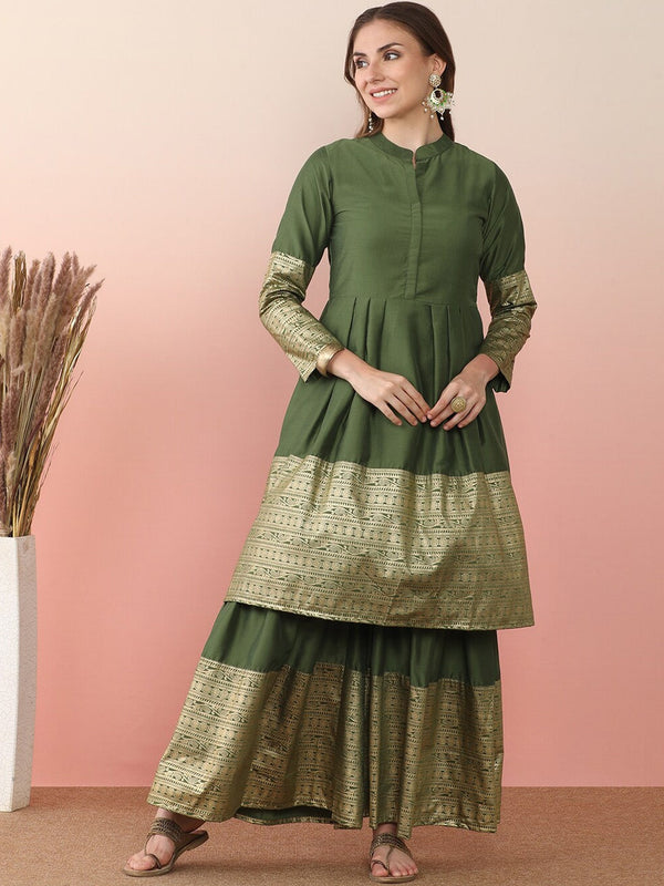 Ethnic Motifs Printed Pleated Mandarin Collar Anarkali Kurta With Sharara