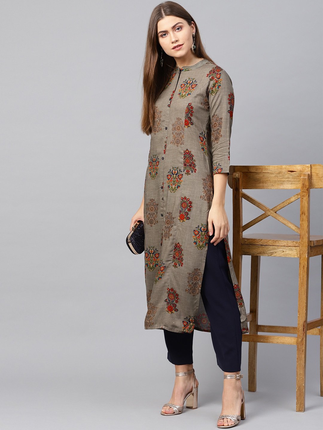 Women's Grey Straight Kurta - Yufta