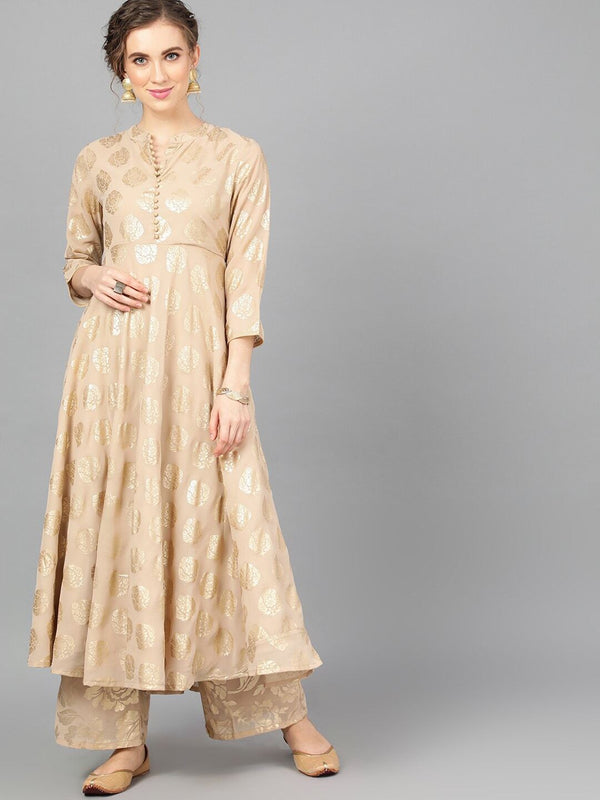 Women's  Beige & Gold-Coloured Printed Anarkali Kurta - AKS